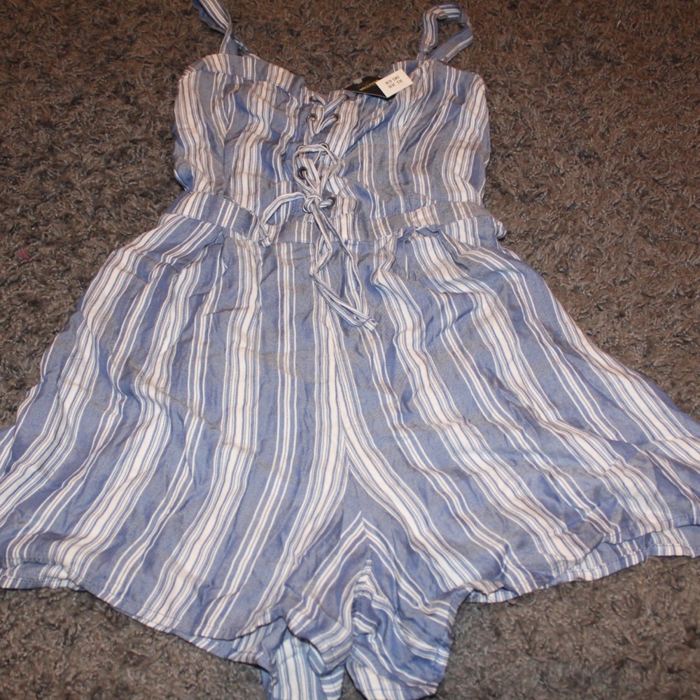 Blue and white striped romper w/ scrunched back